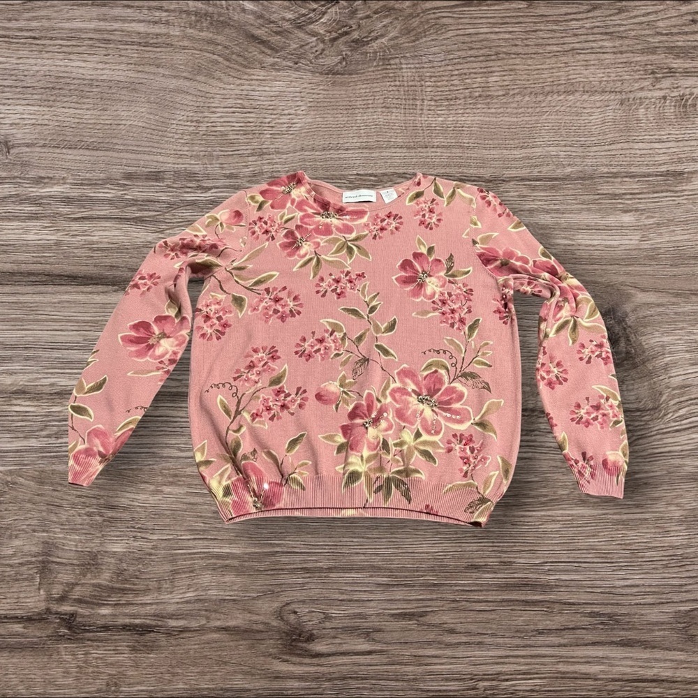 Alfred Dunner Women’s Pink Floral Sweater Beaded Sequins Size Small NEW NWT